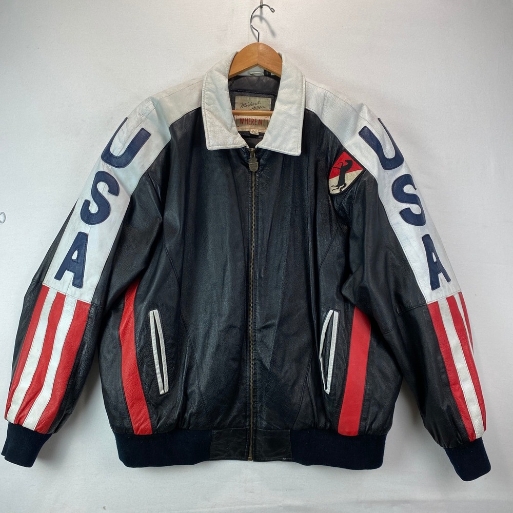 VTG Michael Hoban Where Mi USA Flag Leather Bomber Jacket Men XL Black Patriotic